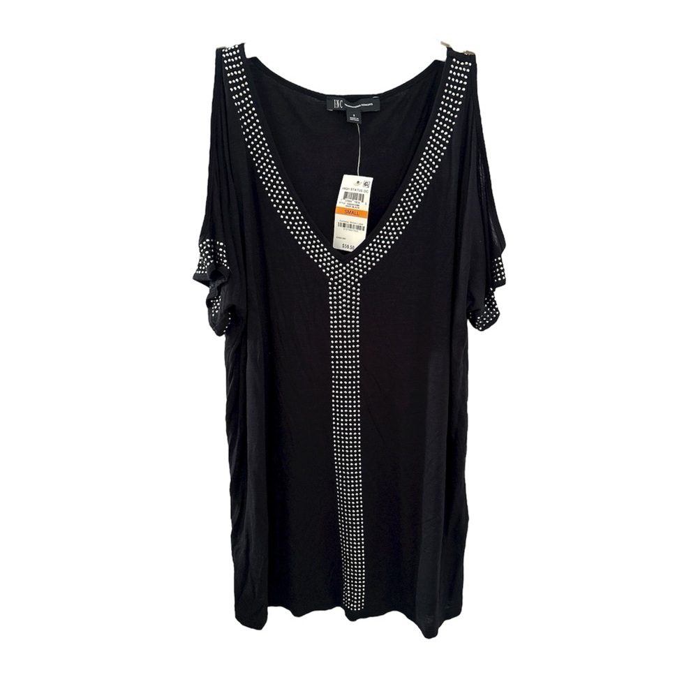 NWT INC International Concepts Black Cold Shoulder Blouse With Sliver Studs Sz S - Picture 2 of 9